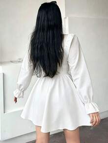女款休閒素色收腰長袖短洋裝 白色 - 白色 - 查看 3