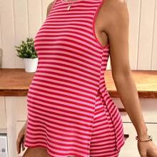 Lyckli 2pcs Maternity Striped Round Neck Side Slit Hem Tank Top And Adjustable Waist Shorts Set Maternity Clothes Spring And Summer 2 Piece Set Striped Tank Top Striped Shorts Tank Top And Shorts Set Bump Friendly Outfits Maternity Outfit For Pregnant Bump Friendly Dress Ootd Outfit For Women Maternity Outfits Summer - Multicolor - Ver 9