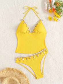 Swim Mod Nuevo conjunto de bikini de camisola azul sexy con concha bordada, estilo europeo y estadounidense, traje de baño estilizante para playa y resort, 2 piezas para mujer - Amarillo - Ver 3