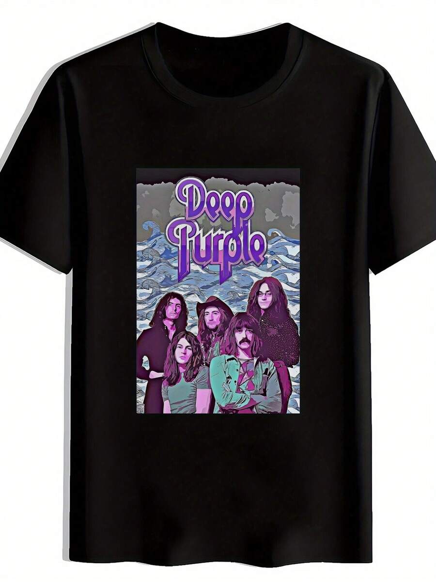 Current Hip-Hop Fashion 2025 For Students, With A Men's One Size Vintage Graphic Rock Band T-Shirt With Short Sleeves. This Comfortable And Breathable Version Is Perfect For Working Out, Attending Parties And Fitness Meetups. - 黑色 - 查看 1