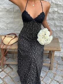 Women's Navy Blue Polka Dot Maxi Dress, V-Neck Halter Backless Lace Trim, Fitted Waist, Elegant For Summer Holidays, Wedding Guest And Everyday Wear - 黑色 - 查看 6