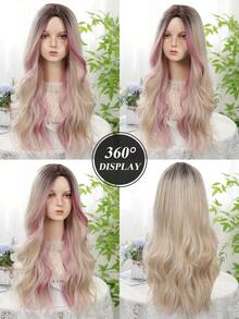 26 Inch Pink Gradient Gold Woven Synthetic Wig - Long Wavy Style Without Bangs; Made Of Heat-Resistant Material, Featuring Fluid Water Wave Texture - Perfect For Photography, Theme Parties, Music Festivals And Other Occasions - 挑染金色 - 查看 7