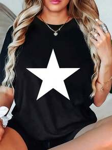 Women's Casual White T-Shirt With Black Star Graphic Design, Comfortable Short Sleeve T-Shirt For Everyday Wear, Suitable For Spring, Summer And Autumn, Ideal For Teenagers And Women, Perfect For School, Travel And Shopping. - 黑色 - 查看 12