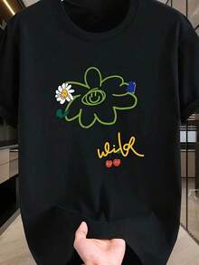 Casual Cotton T-Shirt With A Unique Graffiti Floral Design. Soft And Breathable Fabric, Round Neck, Short Sleeves, Perfect For Summer. A Great Gift Idea. Women's T-Shirt. Elegant Blouses. Boho Chic Style. This Soft, Breathable, And Comfortable Women's Top Is Ideal For Spring, Summer, And Fall, Perfect For Vacations, Travel, And Everyday Wear. - 黑色 3 - 查看 1