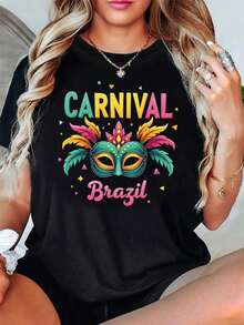 Women's T-Shirt With Brazilian Carnival Mask Design - Decorated Face Part For Carnival Parties, Casual Short Sleeve Slogan T-Shirt, Machine Washable, Outfit For Brazilian Festivals (Spring Summer Clothes) Summer New Arrivals: 100% Cotton Crew Neck T-Shirts. - 黑色 - 查看 7