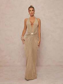 xheLumalex Vestido de playa para mujer con escote en V profundo, elegante, estirable y hermosoxhe - Albaricoque - Ver 4