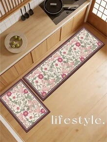 1pc Soft Rubber Water-Absorbing Kitchen Mat, 3.5mm Thick Absorbent Rug For Large Or Small Area, Vintage French Floral Design Silicone Rug With Retro Handpainted Flowers On Beige Background, Accented By Burgundy Geometric Borders, White And Pink Blooms With Green Leaves, Delicate And Pastoral For Room Decor - Multicolor - View 6
