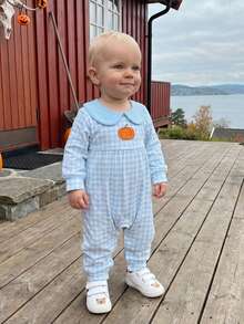 Mono de Halloween para bebé niño/niña, a cuadros, con calabaza bordada, manga larga, cuello de muñeca, mono burbuja, ropa infantil adorable para otoño. - Azul - Ver 4