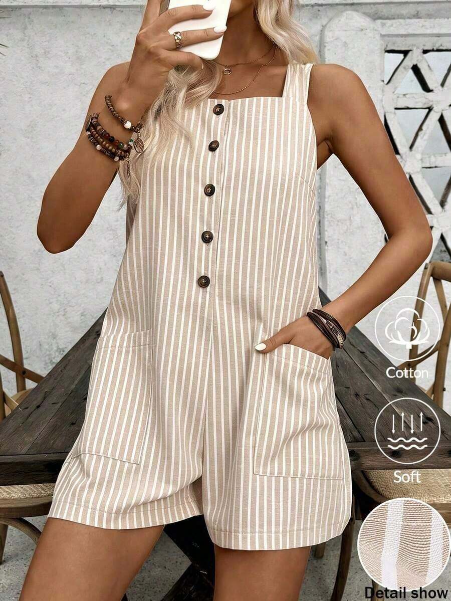 Mono de algodón y lino con estampado de porcelana azul y blanco retro para mujer, mono informal con cuello cuadrado y un solo botón, 2 bolsillos, mono holgado de pierna ancha sin mangas con estampado azul y blanco, mono de estilo vacacional y de playa, mono casual para ir a trabajar y citas, mono nuevo de verano para volver al colegio y la temporada de graduación - Caqui - Ver 1