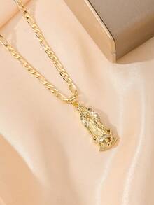 1pc Classic European & American Copper Inlaid Zirconia Small Vintage Gold-Tone 3D Guadalupe Virgin Mary Pendant Necklace, Suitable For Christmas/Thanksgiving/Halloween/Mother's/Valentine's Day Gifts, Catholic First Communion, Daily & Holiday Wear, Prayer - Yellow Gold - View 5