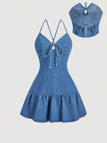 Vestido de mezclilla casual y de fiesta con pliegues y lazo para mujer - Azul - Ver 1