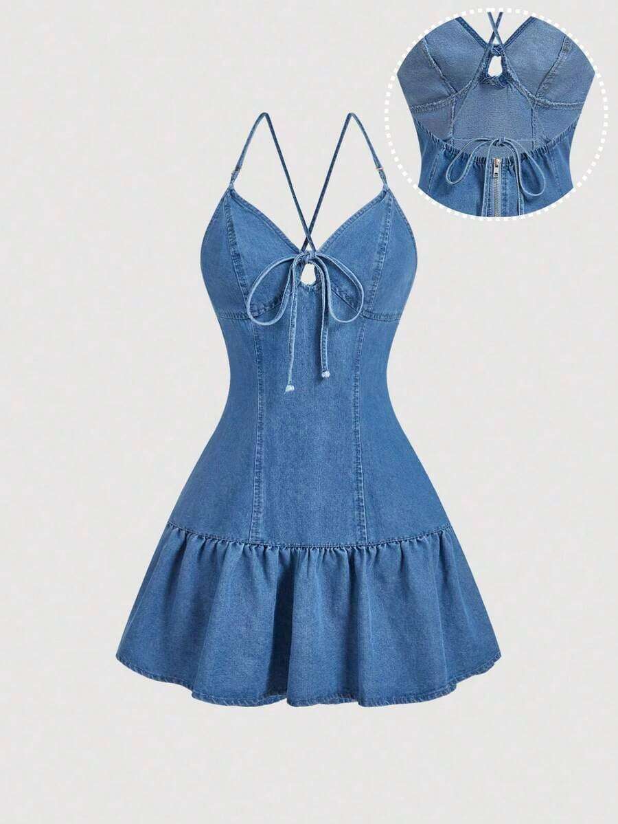 Vestido de mezclilla casual y de fiesta con pliegues y lazo para mujer - Azul - Ver 1