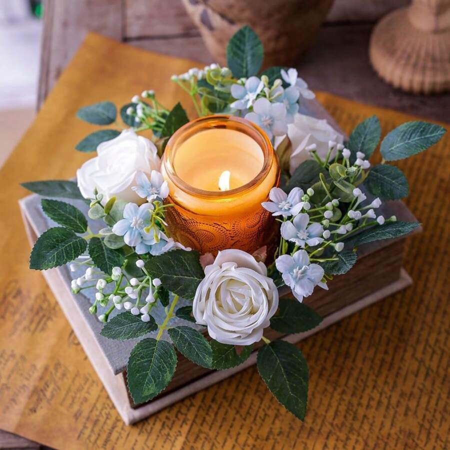 Flower Wreath Candle Rings Decorative Rose Wreath Pillar Candle Garland For Home Dining Table - White - View 1