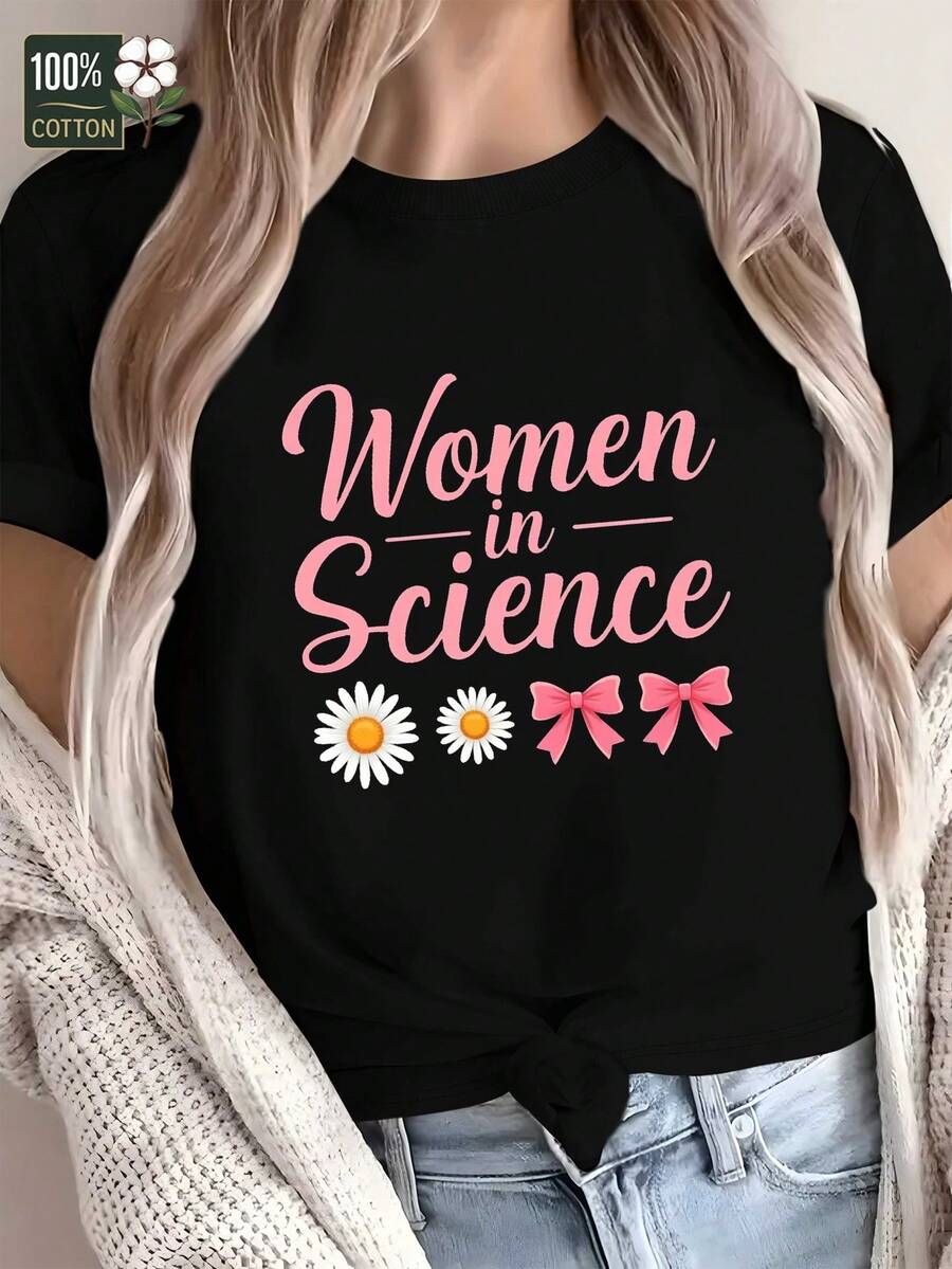 Women's T-Shirt With Science And Empowerment Theme - 100% Comfortable Casual Style With Round Neck, Featuring Scientific Motifs And A Female Scientist Design, Suitable For STEM Education, Laboratory Or Everyday Wear. - 黑色 - 查看 1