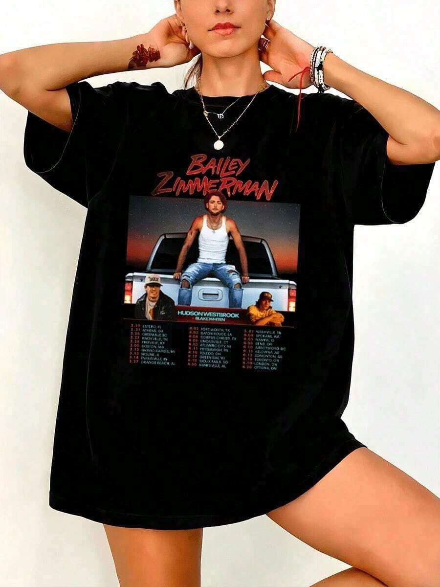 Bailey Tour Inspired Fitted Cotton T-Shirt - A Stylish, Comfortable, And Versatile Country Concert Tee Suitable For Various Occasions, Such As Cheering At An Event Or As A Loyal Fan's Shirt. Limited Edition. A Must-Have. - 黑色 - 查看 1