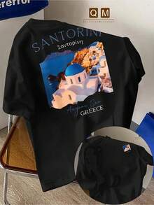 Men's Santorini, Greece Graphic T-Shirt - Seaside Village Design, Lightweight And Breathable Regular Fit Tee For Travel Souvenirs, Greek Island Holidays And Everyday Casual Wear - Machine Washable White T-Shirt - 黑色 - 查看 6