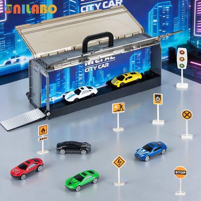  Unilabo Toy Alloy Car Storage Box Set With Ejection Track, Portable Handle, Includes 6 Alloy Cars, Realistic Road Signs, Suitable For Instant Play, Outdoor Games, Convenient Travel Toy Car Storage Box, Ideal Birthday Or Holiday Gift For Children 3+ Years Old