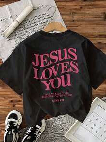 100% Cotton [Double-Sided Print] With A Striking Design Featuring Religious Text And Elements. Printed With The Phrase "Jesus, We Love You," This Short-Sleeved, Crew-Neck Cotton T-Shirt Is Suitable For All Seasons. Perfect For Layering In Spring And Fall Or Wearing Alone In Summer. A Neutral, Urban Style, This Modern, Heavyweight Cotton T-Shirt Is Ideal For Everyday Wear. - 黑色 - 查看 3
