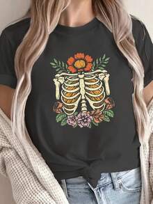 1 Piece Of Women's Solid Color T-Shirt, Artistic Bustier And Floral Design, Comfortable Fit, Short Sleeves, Round Neck - Casual Style, Machine Washable, 180g 100% Cotton. - 黑色 - 查看 8