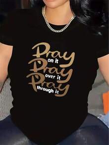 Durable And Comfortable Short-Sleeved Polyester T-Shirt For Home Office, Featuring An Inspirational Design Suitable For Everyday Wear; Made Of Soft Fabric And Decorated With Elegant Gold Lettering. Also Suitable As A Stylish Party Outfit, A T-Shirt For Elegant Ladies, A Blouse For Curvy Women, A Prom Skirt, Or Casual Wear. - 黑色 - 查看 1