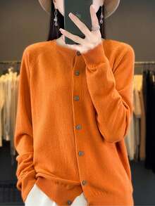 Cárdigan sin Costuras para Mujer| Ultra Suave, Frente Abierto con Detalle de Panal, Color Sólido, Cierre con Botones, Manga Larga, Cuello Redondo, Corte Regular| Elegante Ropa de Trabajo Minimalista para Primavera/Otoño - Beis - Ver 9
