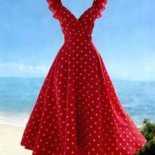 . .  Vestido largo con estampado de lunares, cuello en V, mangas con volantes, cintura plisada, espalda descubierta y lazo, estilo casual de vacaciones, primavera/verano - Rojo - Ver 2