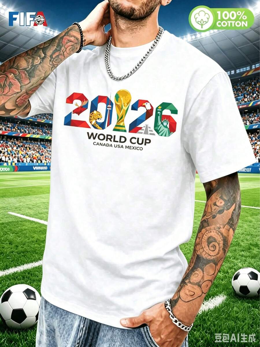 Officially Licensed FIFA 2026 USA-Canada-Mexico World Cup Geometric Creative T-Shirt Modern Football Style Loose Short Sleeve Fan Apparel Unisex Comfo - 白色 - 查看 1