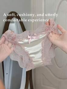 6pcs Women's Lace Trim Satin Panties, Low Waist Bow Decor Briefs, Solid Color Breathable Lingerie Underwear - 彩色 - 查看 11