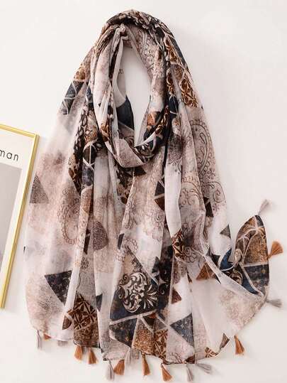 1pc Elegant Khaki Contrast Color Geometric Carving Print Travel Sunscreen Scarf, Linen Feel Beach Wrap For Women