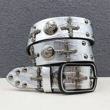 Thắt lưng kim loại phong cách Gothic Y2K Punk Rock thủ công, họa tiết vảy rắn bạc, dây thắt lưng đính đinh tán, thắt lưng Goth với hình đầu lâu và thánh giá, dành cho nam và nữ. - Nhiều màu - Xem 16