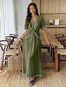 Vestido de manga corta color albaricoque con ribete en contraste negro, para usar en primavera/verano de vacaciones - Verde militar - Ver 4