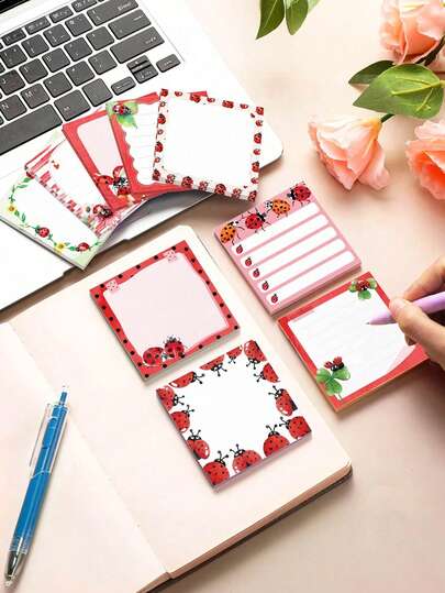 240 tờ/12 kiểu giấy ghi chú vuông hình bọ rùa, đồ dùng trang trí tiệc, giấy ghi chú văn phòng phẩm, giấy ghi chú tự làm sổ tay màu hồng, quà tặng tựu trường, đồ dùng khen thưởng trong lớp học