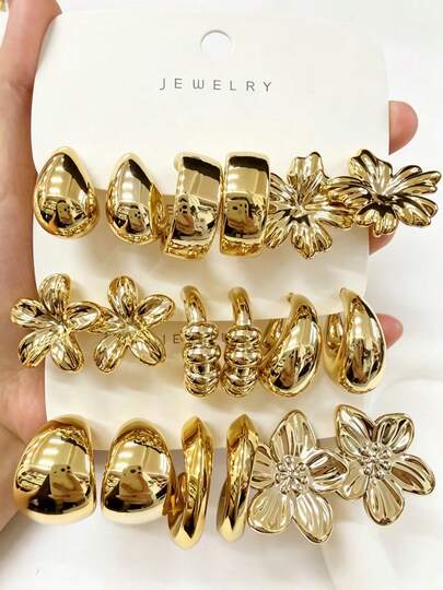 1-9 Pairs Of New Summer Fashion Gold Ladies' Earring Sets, Featuring Teardrop Style, Egg Flower, Small C, Lily, Small Moon, Five-Petaled Flower, And Small Wide C Designs. Made From High-Quality Resin Material, They Are Suitable For Daily Commuting, Parties, Gatherings, And Birthday Events. One Set Solves All Your Jewelry Needs For The Entire Summer.