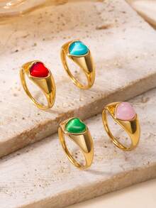 1pc Fashionable Luxury Red Heart-Shaped Cat Eye Stone Inlaid Stainless Steel Cast Ring, Suitable For Women's Daily Or Party Wear - Red - View 4