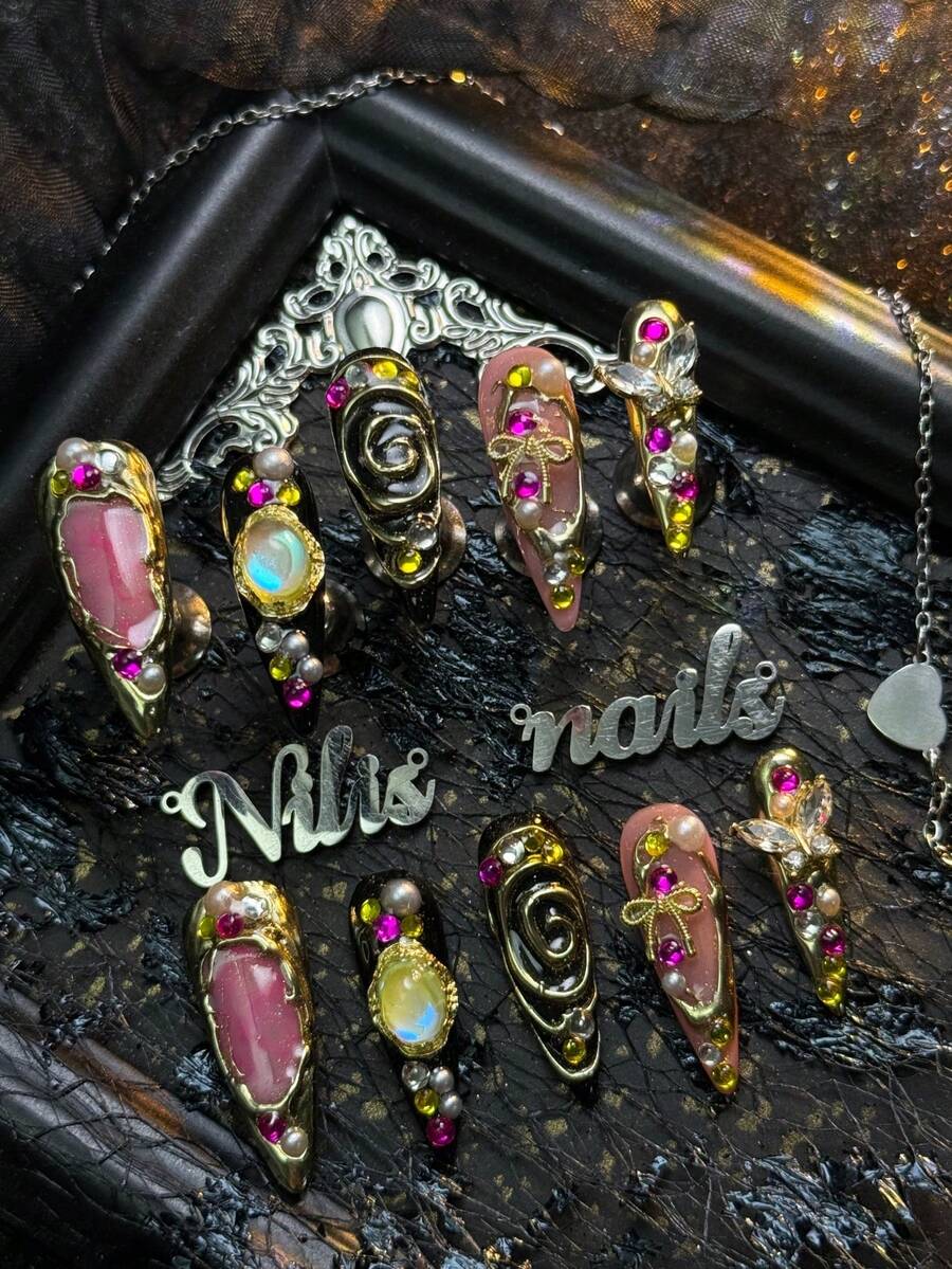 10件組手工尖頭假指甲套組，黑色漸層粉色，多款飾品，Y2K風格（含1件果凍膠與1件指甲锉），手工穿戴式美甲產品