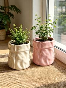 1pc Crumpled Paper Bag Shaped Vase , Cream Aesthetic Flower Pot For Home Desktop Decor, Ins Style Textured Planter For Living Room/Bedroom, Pink & Cream White - Multicolor - View 1