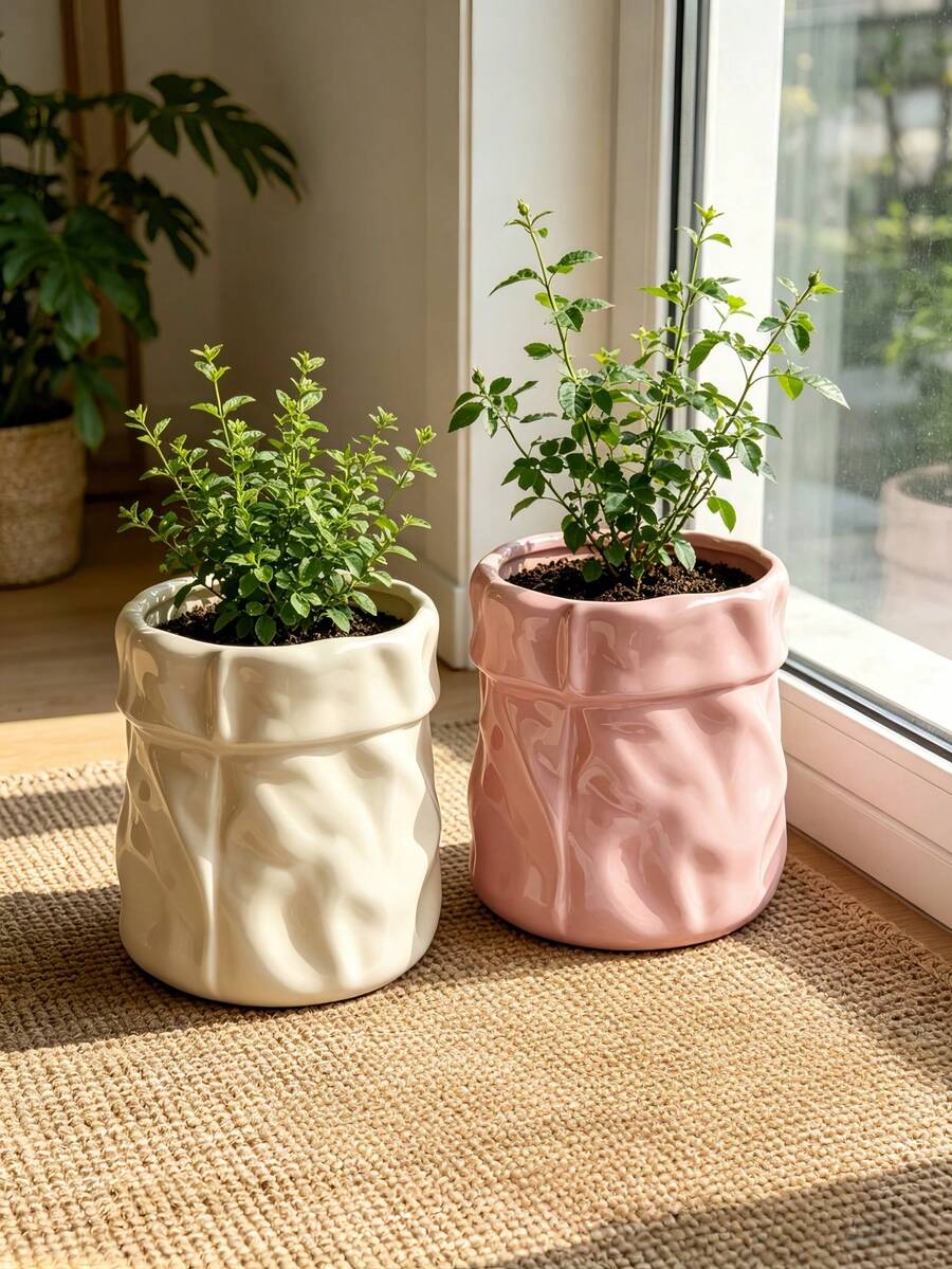 1pc Crumpled Paper Bag Shaped Vase , Cream Aesthetic Flower Pot For Home Desktop Decor, Ins Style Textured Planter For Living Room/Bedroom, Pink & Cream White - Multicolor - View 1