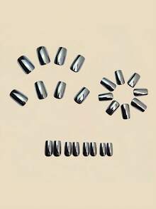 24pcs New European & American Style Square Tech-Inspired Press-On Nails, Futuristic Silver Mirror Wearable Nails With Metallic Laser Texture In Short Design. Easy To Apply, Long-Lasting, Harmless To Natural Nails And Reusable. - Silver - View 2