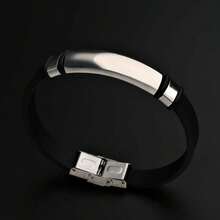 1 pièce Bracelet manchette élégant en acier inoxydable et silicone, lisse, convient pour le port quotidien des hommes - Noir et Blanc - Voir 5