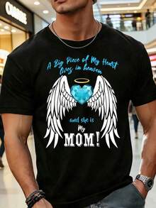 Plus Size, Short Sleeve. A Big Piece Of My Heart Lives In Heaven And She Is My Mom. Heart And Angel Wings Design T-Shirt For A Memorial Gift For Mother's Day, 220g, 100% Cotton. - 黑色 - 查看 7