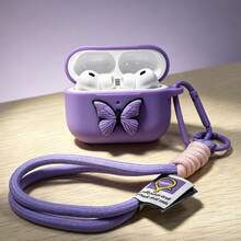 Cartoon Butterfly 3D Silicone With Handmade Contrast Color Lanyard, Compatible With AirPods Of All Models - Purple - View 1