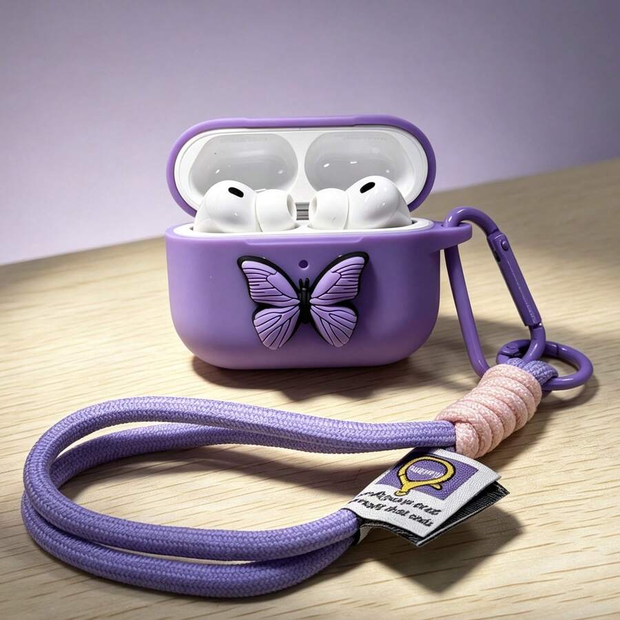 Cartoon Butterfly 3D Silicone With Handmade Contrast Color Lanyard, Compatible With AirPods Of All Models - Purple - View 1