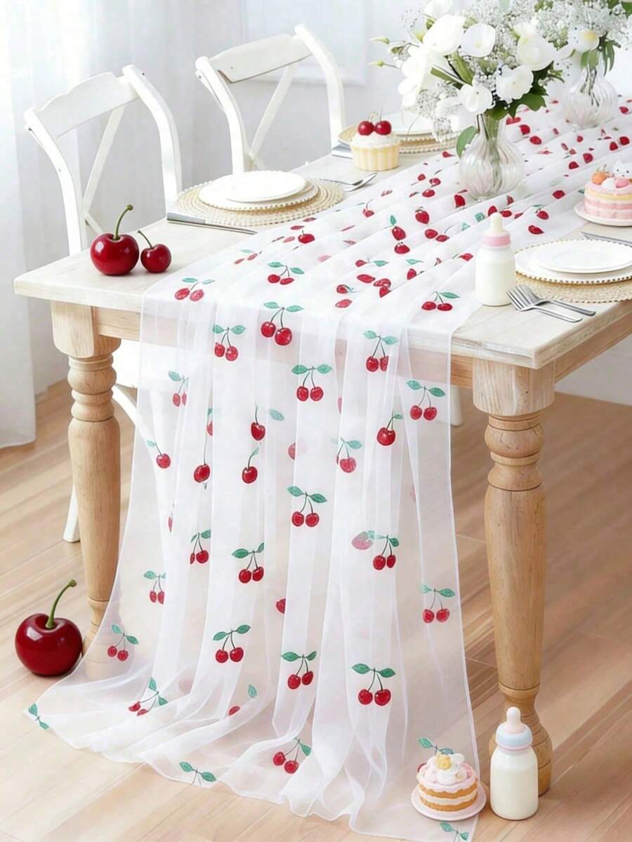 1pc Cherry Pattern Mesh Table Runner, Birthday Party Decoration, Baby Shower Party, Gender Reveal Party, Wedding Party Table Decor