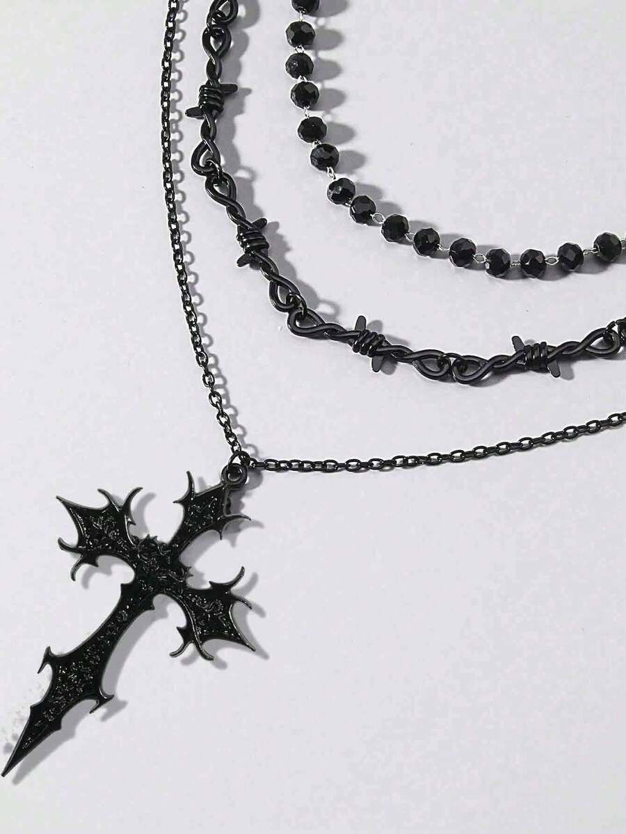 Set de 3 collares de estilo gótico oscuro, colgante de cruz de llama, cuentas negras, cadena de espinas, collar minimalista de lujo personalizado, collar gótico Y2K para mujeres - Negro - Ver 1