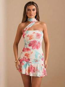 Vestido mini con estampado floral, escote halter y volantes para mujer, vestido floral, vestido de vacaciones, vestido de verano, vestido de playa - Albaricoque - Ver 3