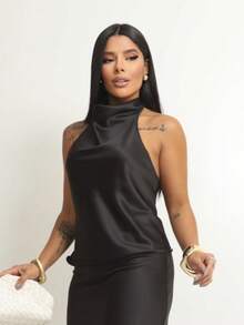 Women's Satin Blouse With High Neck And Open Back, Elegant For Parties - màu đen - Xem 3