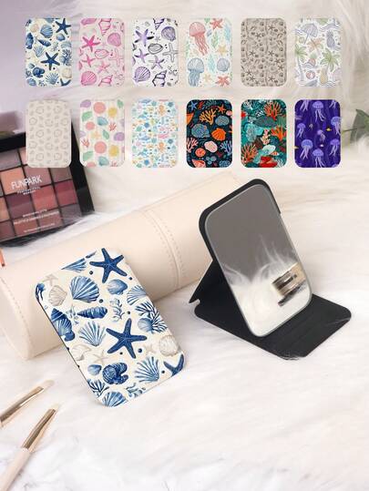 1pc Vintage Ocean Series Portable Vanity Mirror, Foldable Lightweight Ultra-Thin Convenient Hand Mirror, Durable PU Leather, Suitable For Various Occasions Like Travel, Gatherings, Work, School