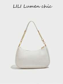 Nuevo bolso de moda clásico y versátil con diseño gráfico de letras, unicolor, material impermeable de PU, bolso de hombro, bolso de axila, adecuado para compras, decorado con colgante de ce - Blanco 10 - Ver 4