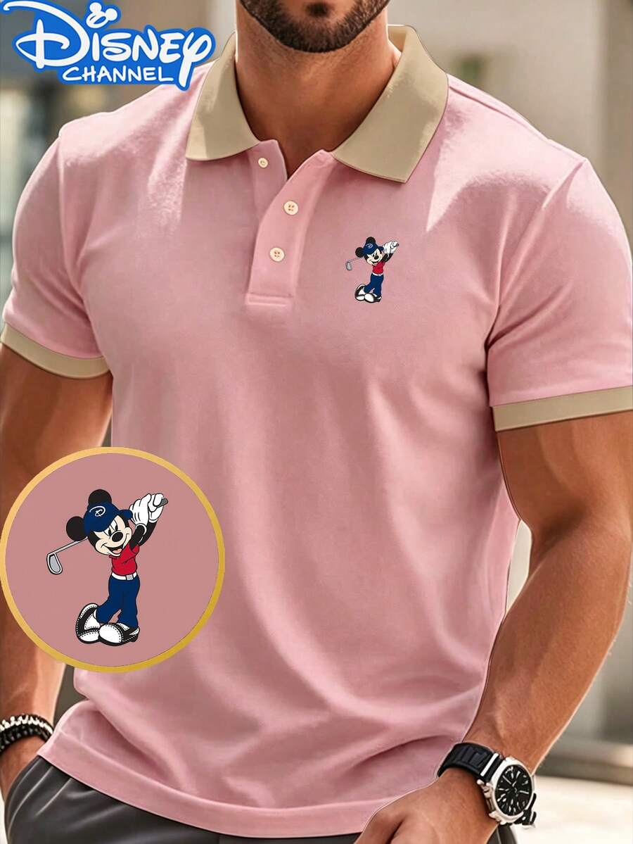 Fathers Day Gift,Fun Mickey Mouse Print Men's Golf Polo Shirt With Contrast Collar-A Versatile Summer Top. Ideal For Golf, The Office, And Everyday Wear. Men's Polo Shirt, Disney Collaboration., Fourth Of July,Disney Collaboration - Hồng - Xem 1