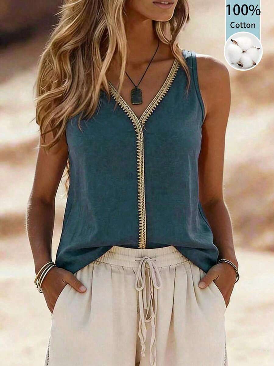Zayélia Top de mujer de cuello en V, casual, cómodo, de vacaciones, de campo, relajado, de textura suave - Verde Oscuro - Ver 1